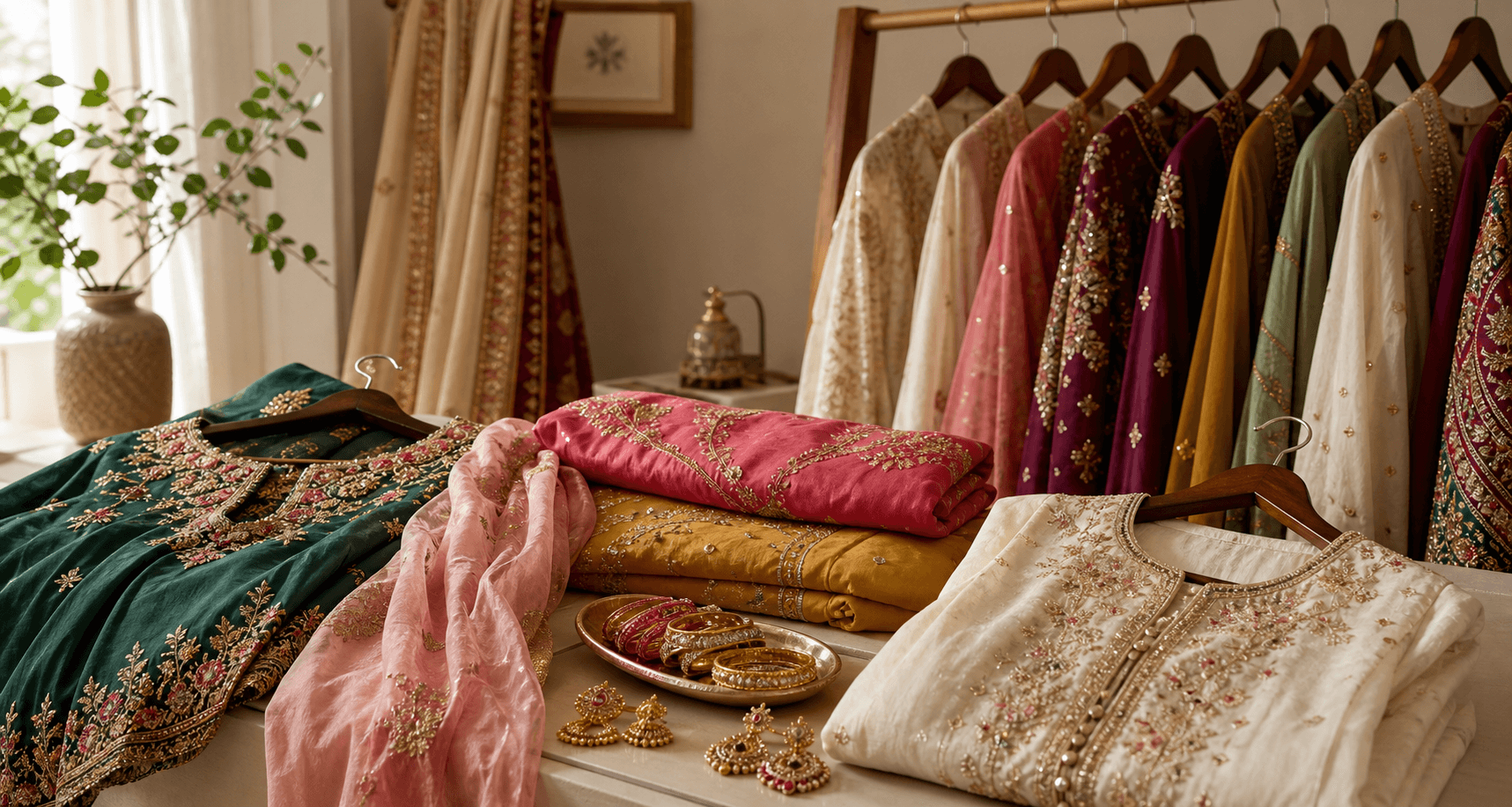 Embroidered South Asian clothing and accessories arranged in a warm closet studio